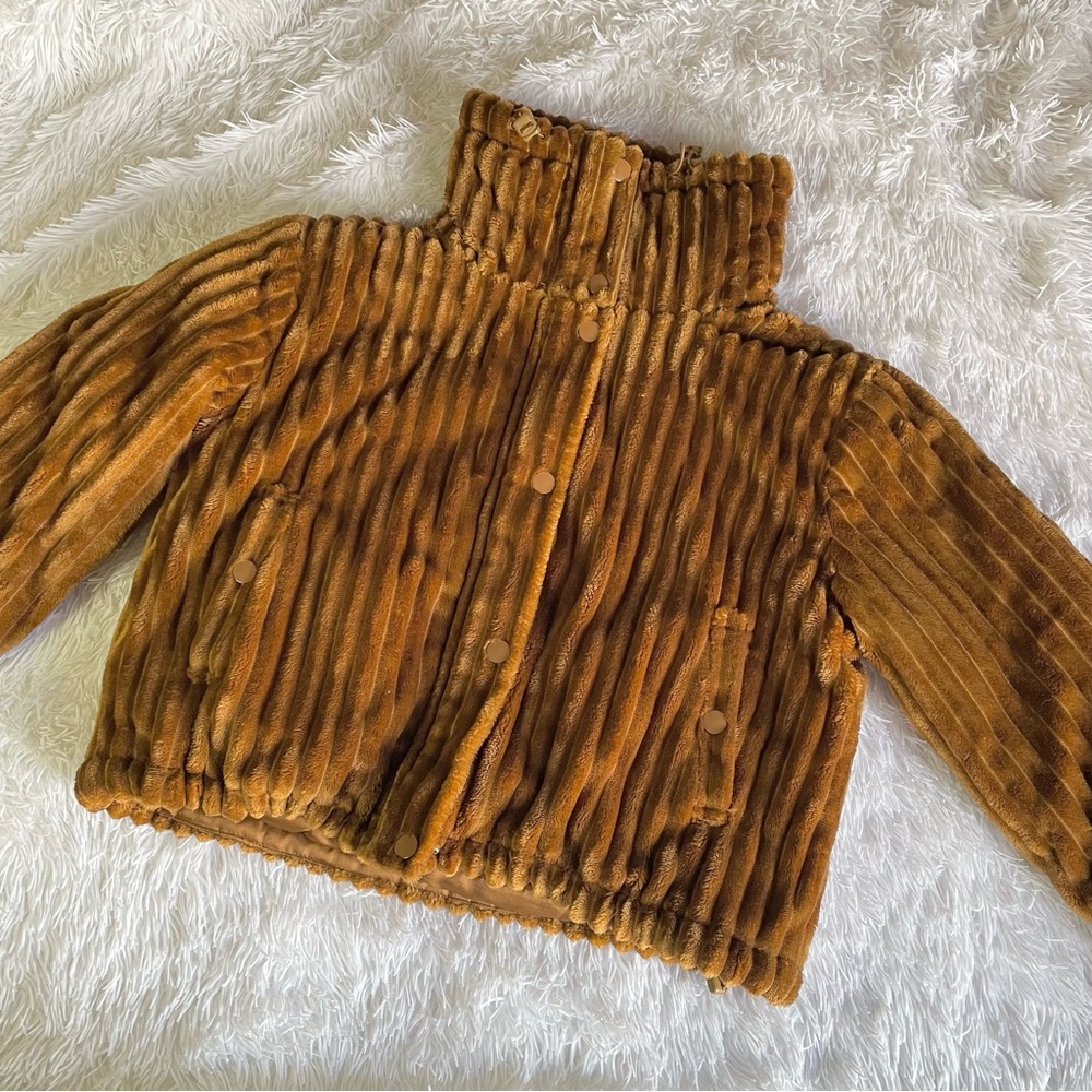 Brown faux fur / velvet  ribbed puffer jacket from Urban Outfitters—